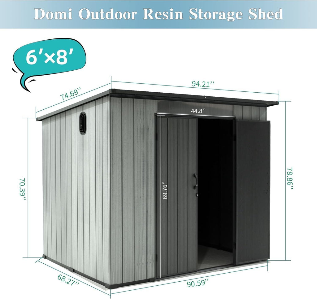 Domi 6x8FT Resin Outdoor Storage Shed with Sloping Roof, Waterproof Outside Sheds with Windows & Vents, Heavy-Duty Plastic Tool Storage Shed for Patio Furniture, Lawn Mower, Bike