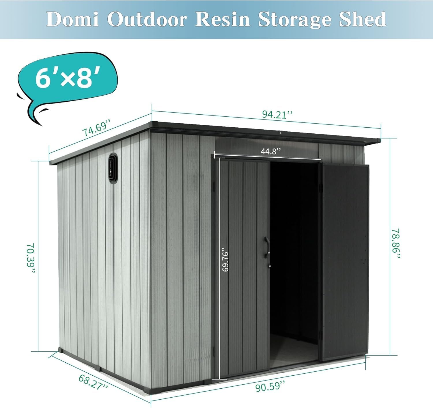 Domi 6x8FT Resin Outdoor Storage Shed with Sloping Roof, Waterproof Outside Sheds with Windows & Vents, Heavy-Duty Plastic Tool Storage Shed for Patio Furniture, Lawn Mower, Bike