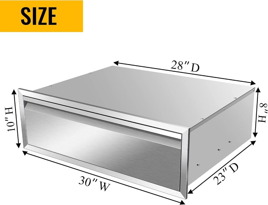 Outdoor Kitchen Drawers, 30W x 10H x 23D Stainless Steel Flush Mount BBQ Single Drawer for Outdoor Kitchen Island, or Patio Grill Station