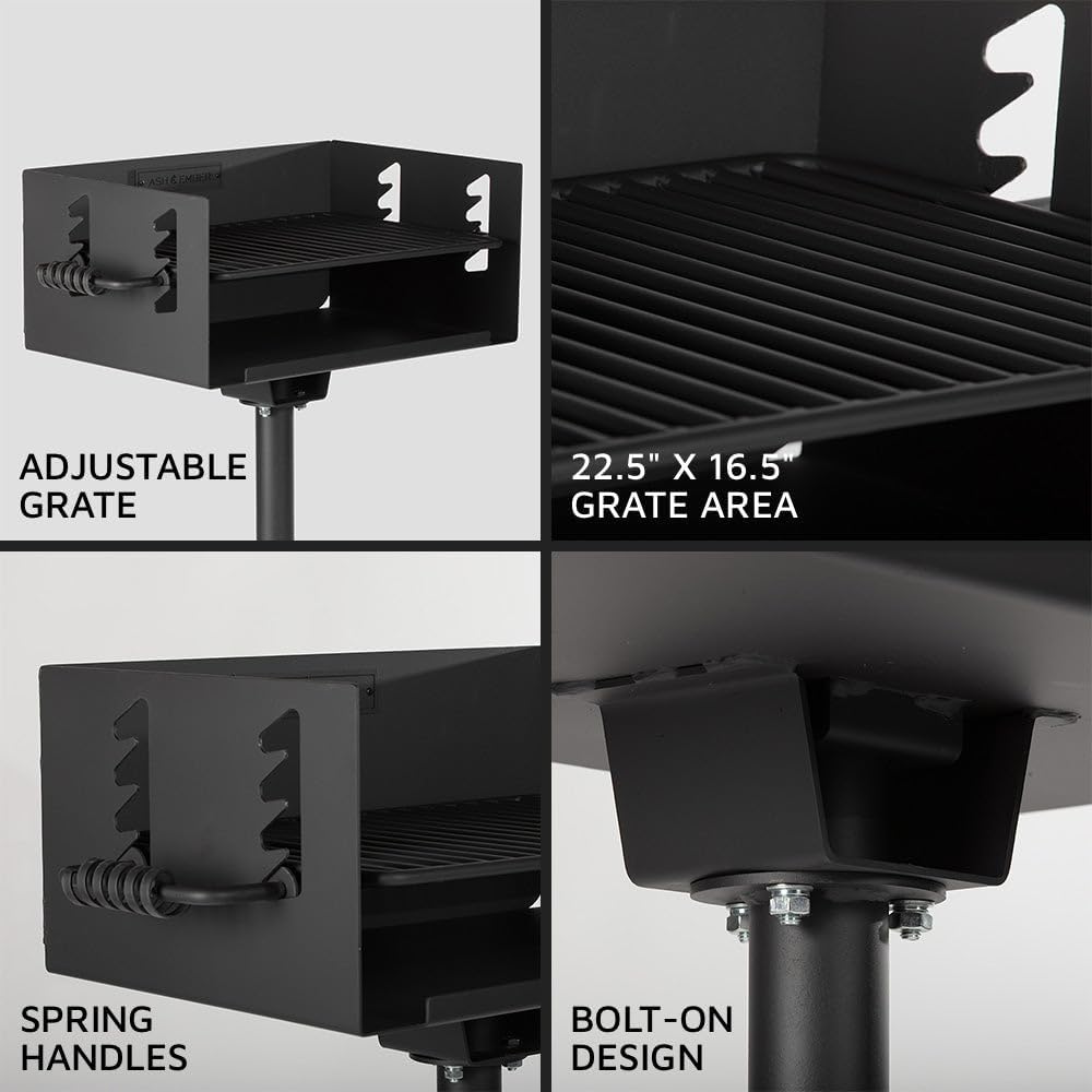 Ash & Ember 384 Sq. In Park-Style Charcoal Grill, Single Post Barbeque Grill with Bolt-Down Base, Adjustable Grate Height with Spring Handles, Outdoor Camping & Backyard BBQ Cookout