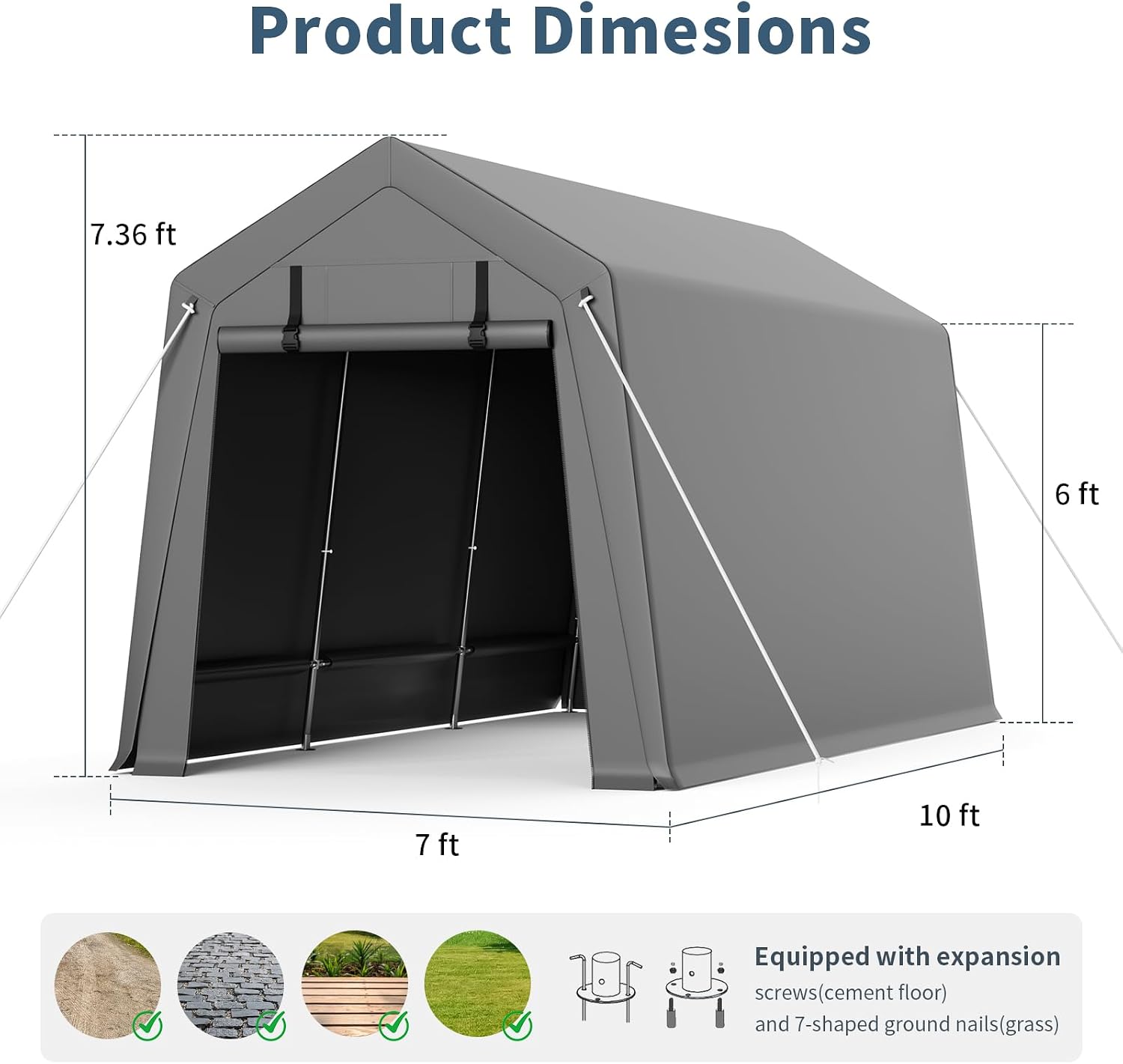 GAOMON 7'x10' Outdoor Portable Garage, Waterproof & UV-Resistant Storage Shed with 2 Roll-Up Doors, Carport Tent for Motorcycle, Bike, and Tools, Gray