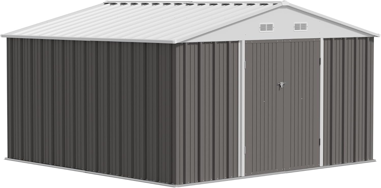 JUMMICO 10 x 10 FT Outdoor Storage Shed, Large Metal Garden Shed (Grey)