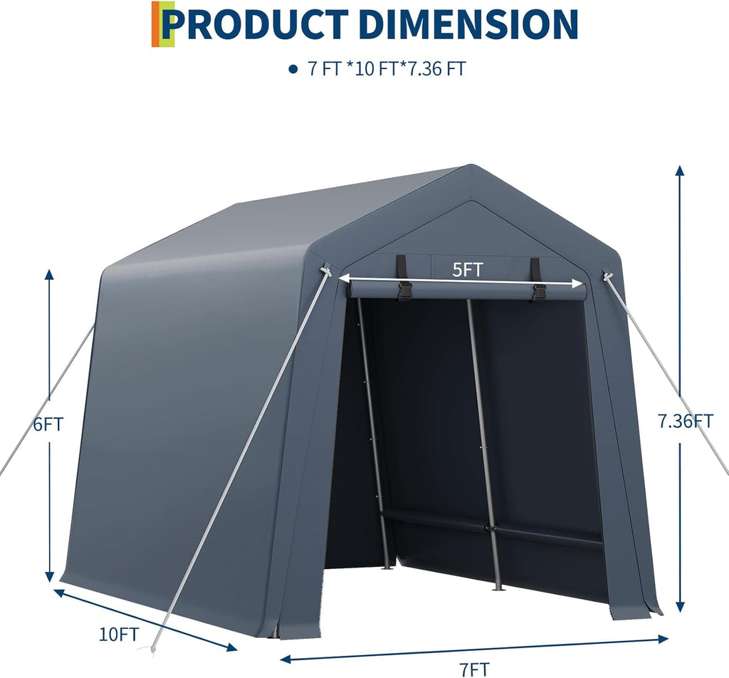 GarveeHome 6x6 FT Portable Outdoor Storage Shed with Roll-Up Zipper Door & Vent, 240G Heavy-Duty Shelter Waterproof PE Tarp, UV-Resistant Carport for Motorcycle, Firewood, Tools -Gray (Gray, 7x10)
