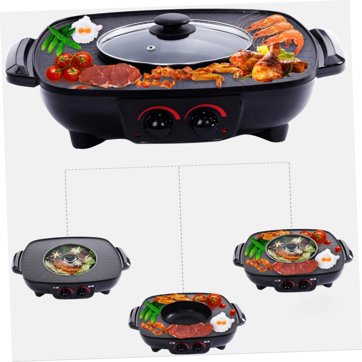 PRETYZOOM Electric Grill Cooker Hot Pot Divider Bbq Machine Smokeless Hot Pot Indoor Electric Grill Non-stick Coating Sturdy Lid