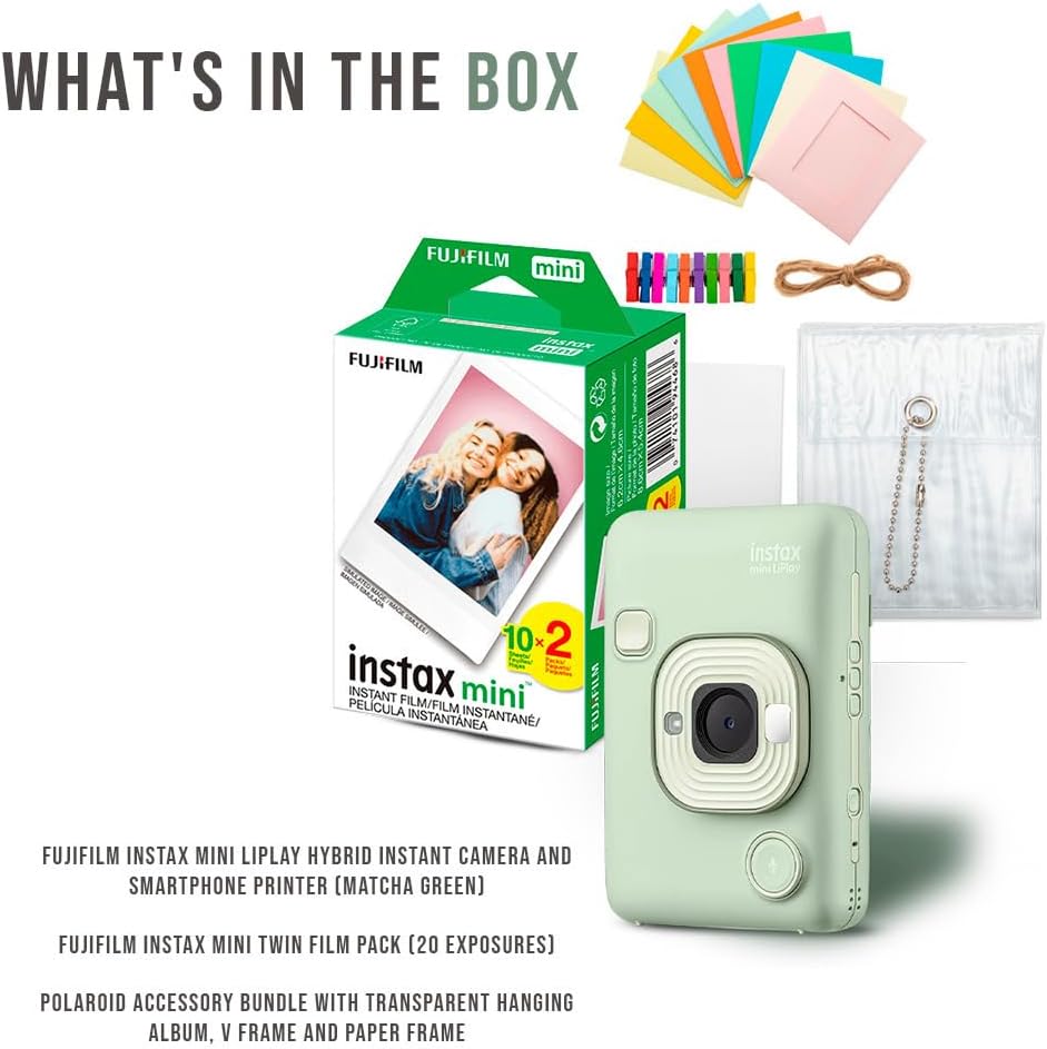 Fujifilm Instax Mini LiPlay Hybrid Instant Camera and Smartphone Printer (Matcha Green) Bundle with Instax Mini Twin Film Pack (20 Exposures), and Accessory Kit (3 Items)