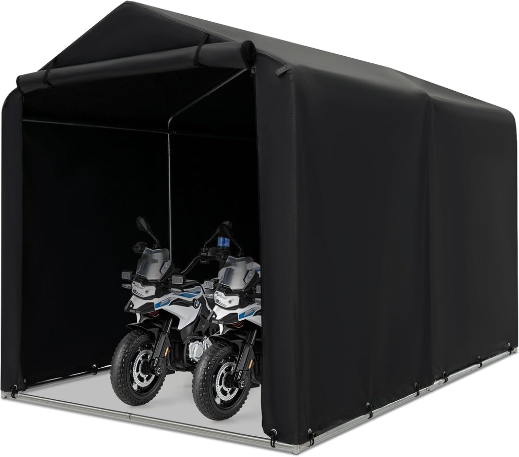 Goplus Portable Storage Shed, 7 x 5.2 x 5.4 Ft Heavy Duty Motorcycle Shed w/Roll-Up Zipper Door, Metal Frame, Waterproof Cover & Wind Rope, Outdoor Storage Tent Shelter for Bike, Garden Tools