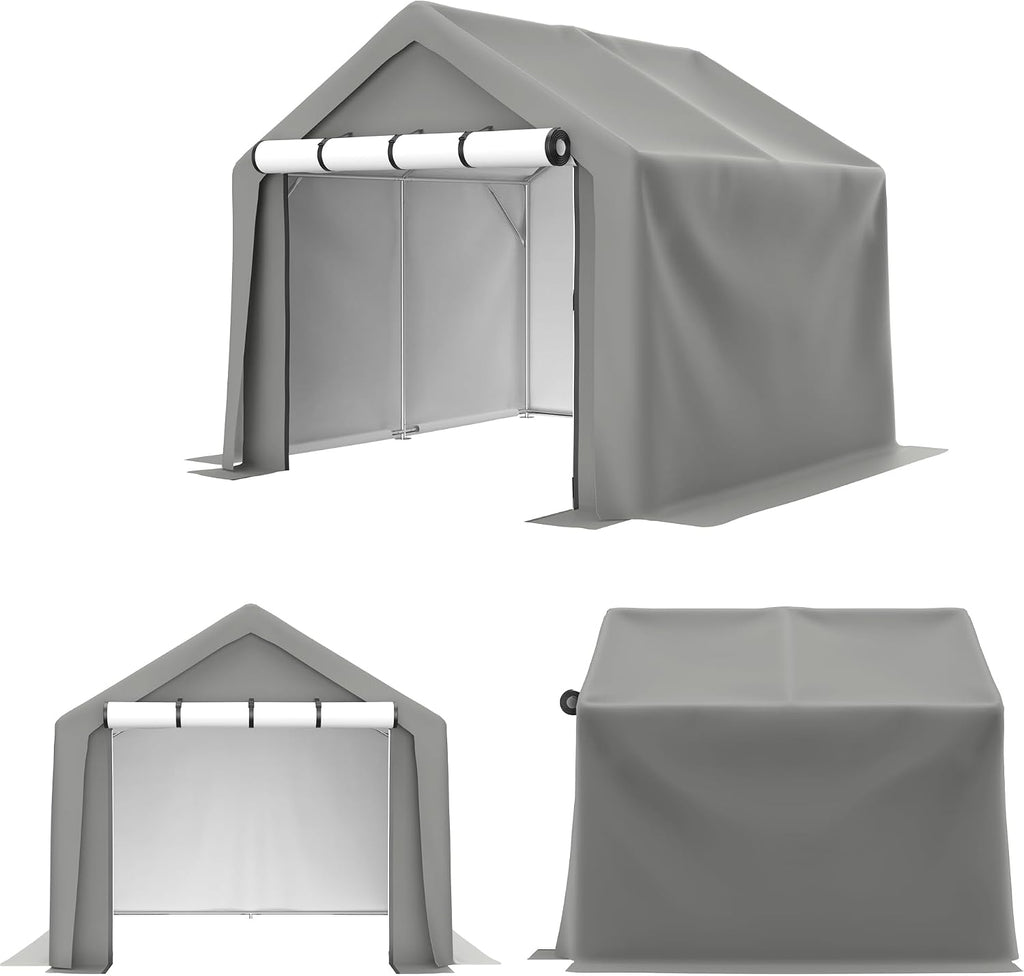 8x8 ft Portable Outdoor Storage Tent Shelter Shed, Heavy Duty Storage Tent with Roll-up Doors Shelter for Garden Tool, Lawn Mower, Motorcycleand, Bike - Gray
