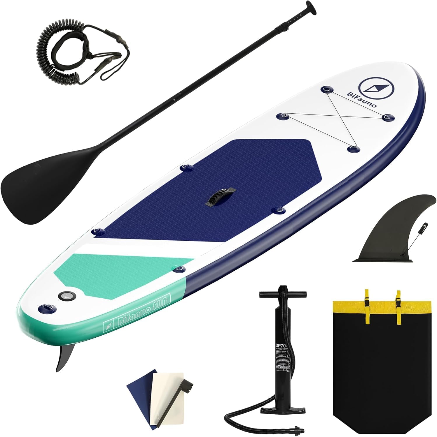 Bifanuo Inflatable Stand Up Paddle Board with SUP Accessories & Backpack. Paddle Boards for Adults. Non-Slip Deck, Wide Stance, Bottom Fin, Double Action Pump.