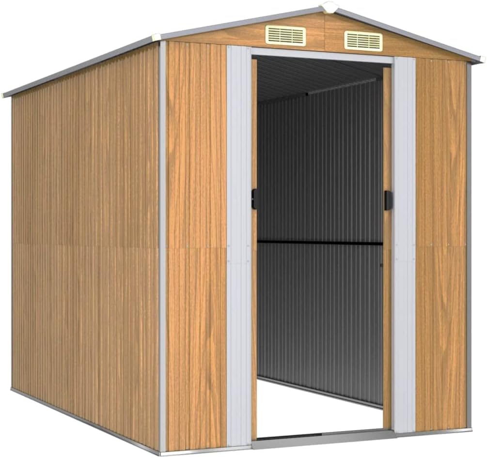 vidaXL Outdoor Storage Shed - Light Brown, Galvanized Steel, Double Sliding Doors, Ventilated, Spacious, with an Assembly Manual