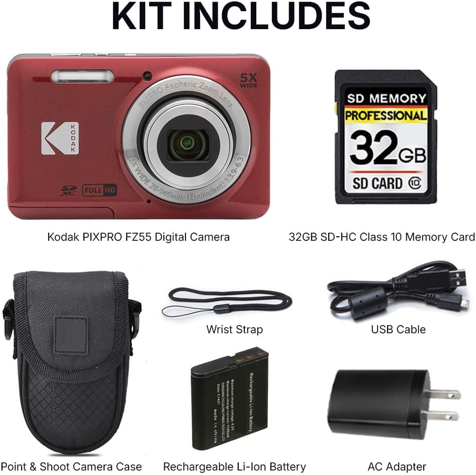 Kodak PIXPRO FZ55 Digital Camera, 16MP Compact Point & Shoot, 5X Optical Zoom, 28mm Wide Angle Lens, 1080P Full HD Video, Red + Camera Case & 32GB SD Card