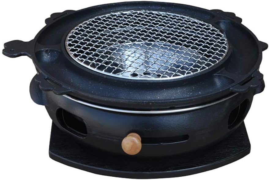 Portable BBQ Grill, Cast Iron BBQ Grill Indoor Outdoor Korean Style with Wooden Tray 34x12cm 8 Styles(E)
