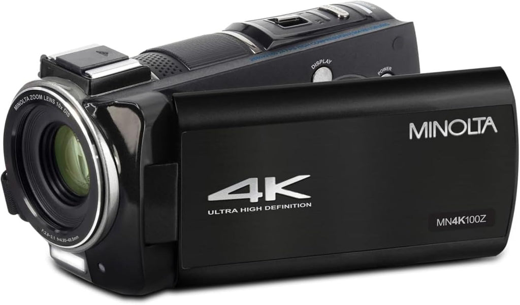 Minolta 4K Ultra HD Camcorder with 3.5-inch Touchscreen – 10x Optical Zoom, 28MP Photos, Digital Stabilizer, Accessory Shoe Mount, Time Lapse, Face Detection, 32GB Card, Remote Control (Black)