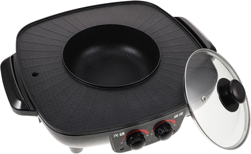 PRETYZOOM Electric Grill Cooker Hot Pot Divider Bbq Machine Smokeless Hot Pot Indoor Electric Grill Non-stick Coating Sturdy Lid