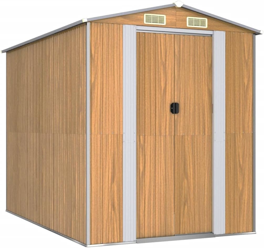 vidaXL Outdoor Storage Shed - Light Brown, Galvanized Steel, Double Sliding Doors, Ventilated, Spacious, with an Assembly Manual