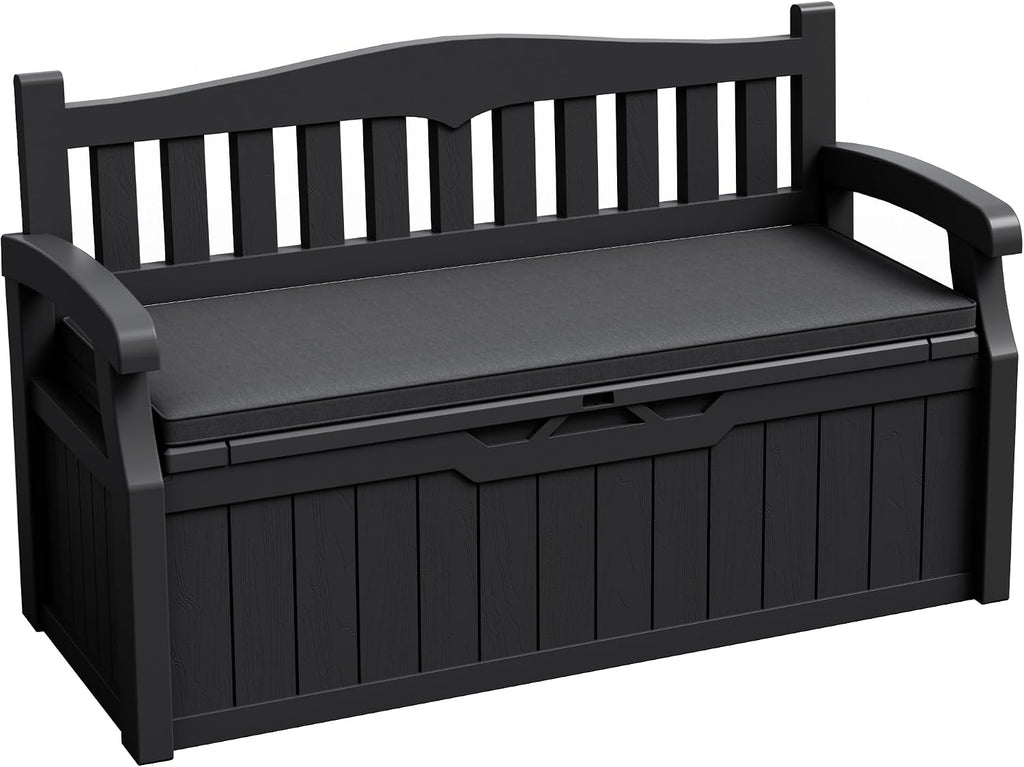 JUMMICO 80 Gallon Resin Outdoor Storage Bench with Cushion, Large Deck Box with Armrest, Lockable&Waterproof for Garden, Home, Patio, Pools (Black, 80 Gallon)