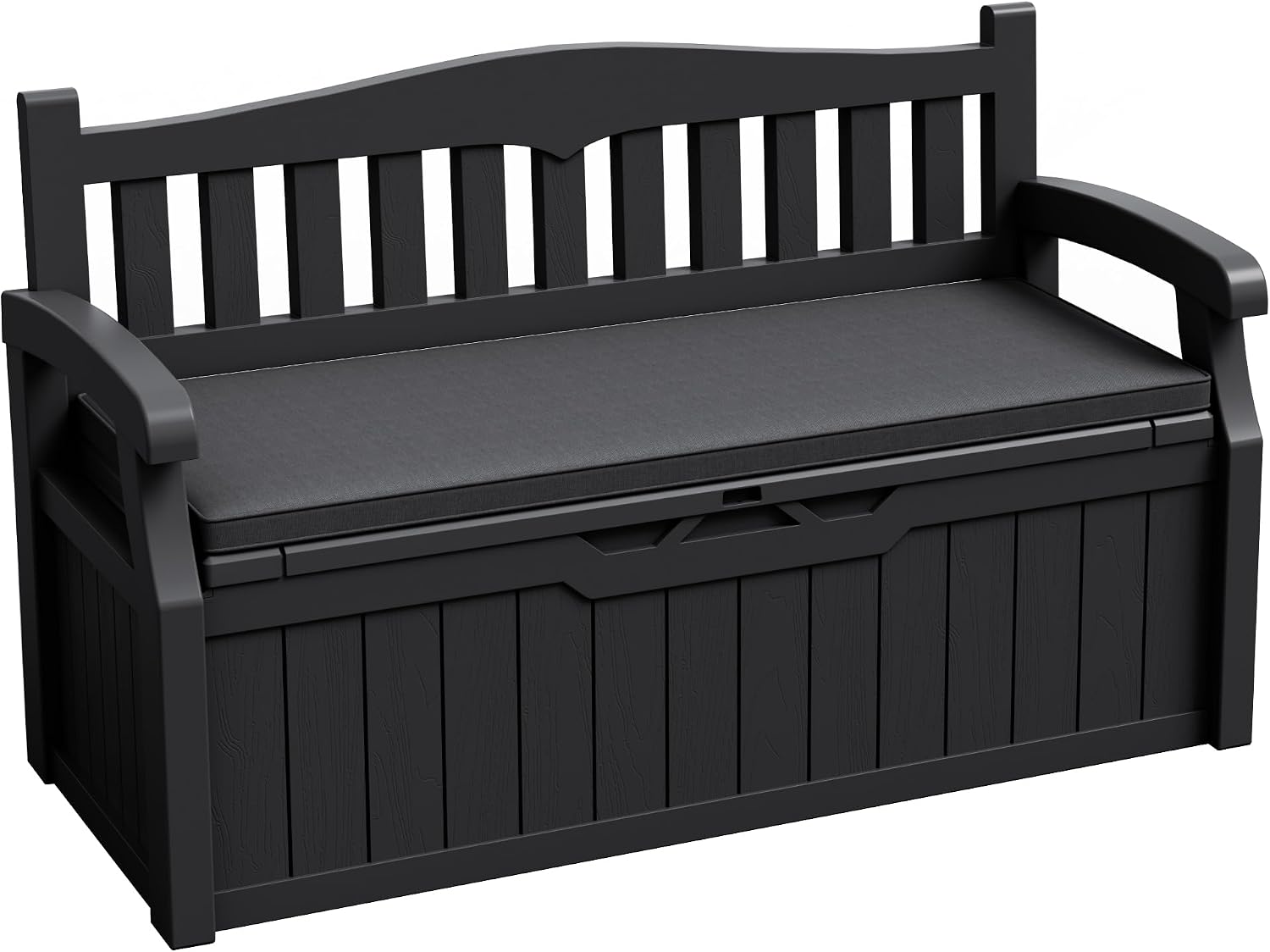 JUMMICO 80 Gallon Resin Outdoor Storage Bench with Cushion, Large Deck Box with Armrest, Lockable&Waterproof for Garden, Home, Patio, Pools (Black, 80 Gallon)