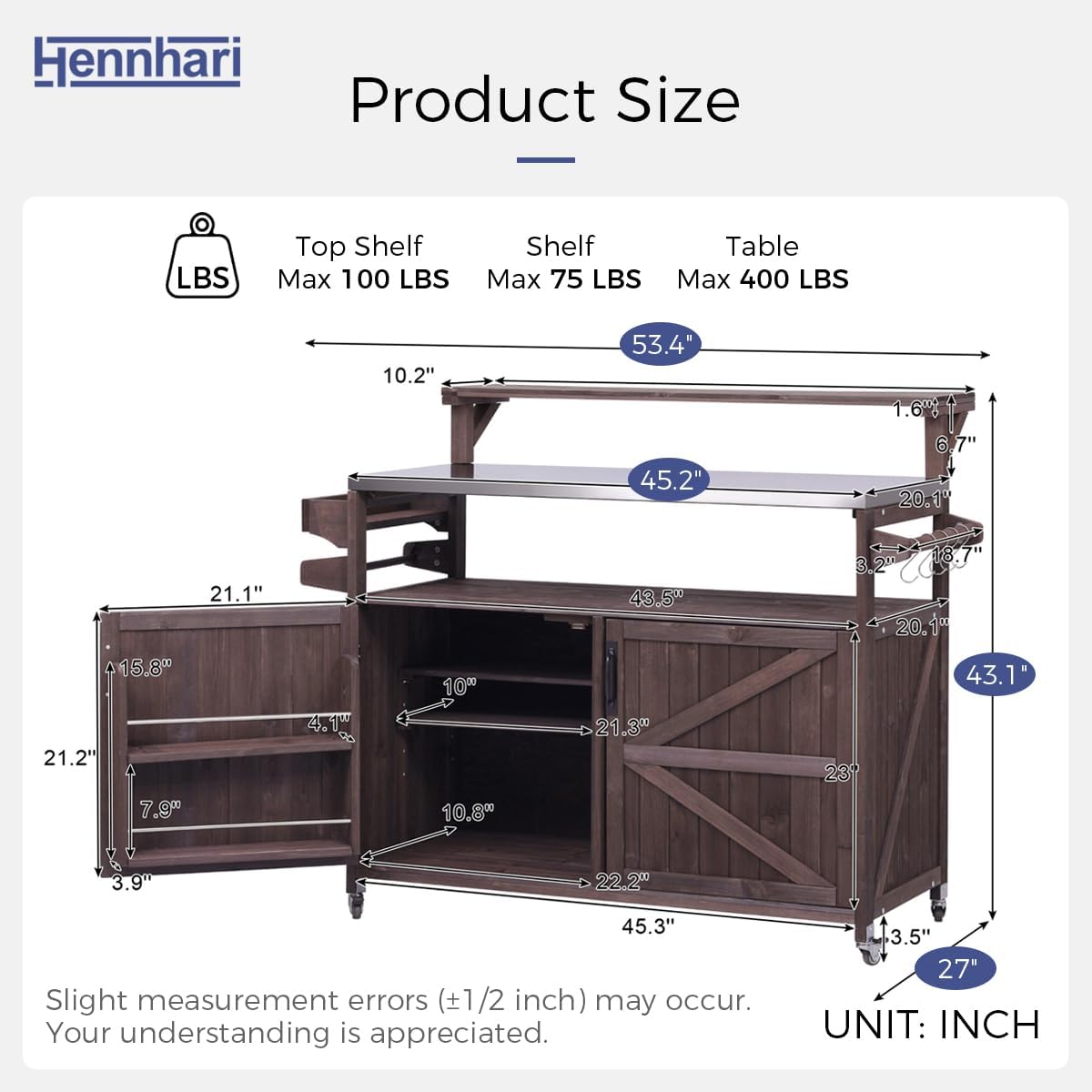 Outdoor Kitchen Island with Stainless Steel Top & Raised Shelf, Rolling Grill Cart with Spice & Towel Rack, Outdoor Island Table with Storage Cabinet & Hooks (Brown)