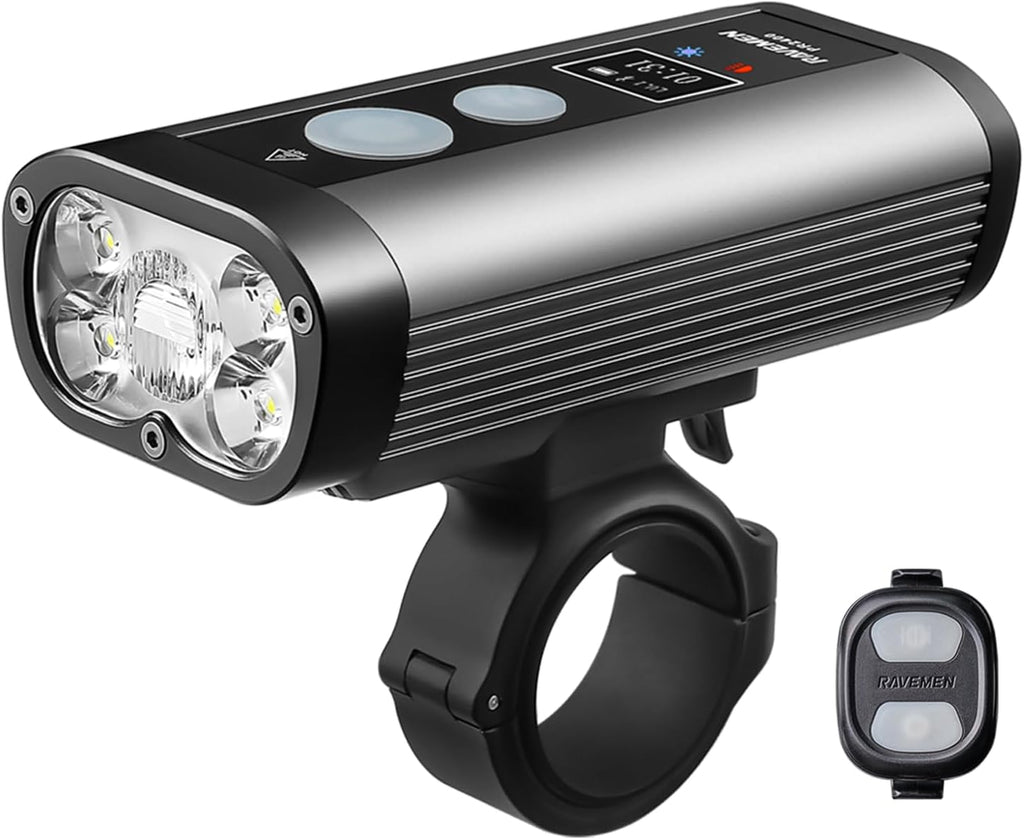 RAVEMEN PR2400 Bike Light for Mountain Biking, 2400 Lumens Bike Headlight with OLED Runtime Display, USB Output, Far Reaching High Beam, Anti-Glare Low Beam, IPX8 Waterproof