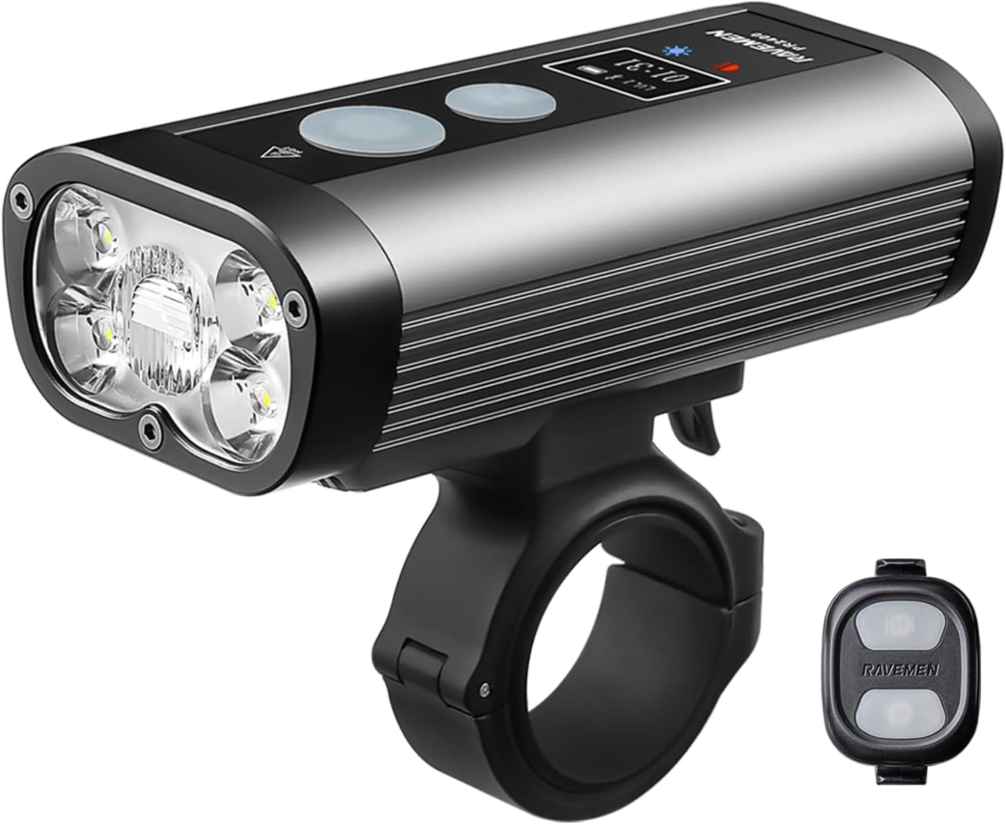 RAVEMEN PR2400 Bike Light for Mountain Biking, 2400 Lumens Bike Headlight with OLED Runtime Display, USB Output, Far Reaching High Beam, Anti-Glare Low Beam, IPX8 Waterproof