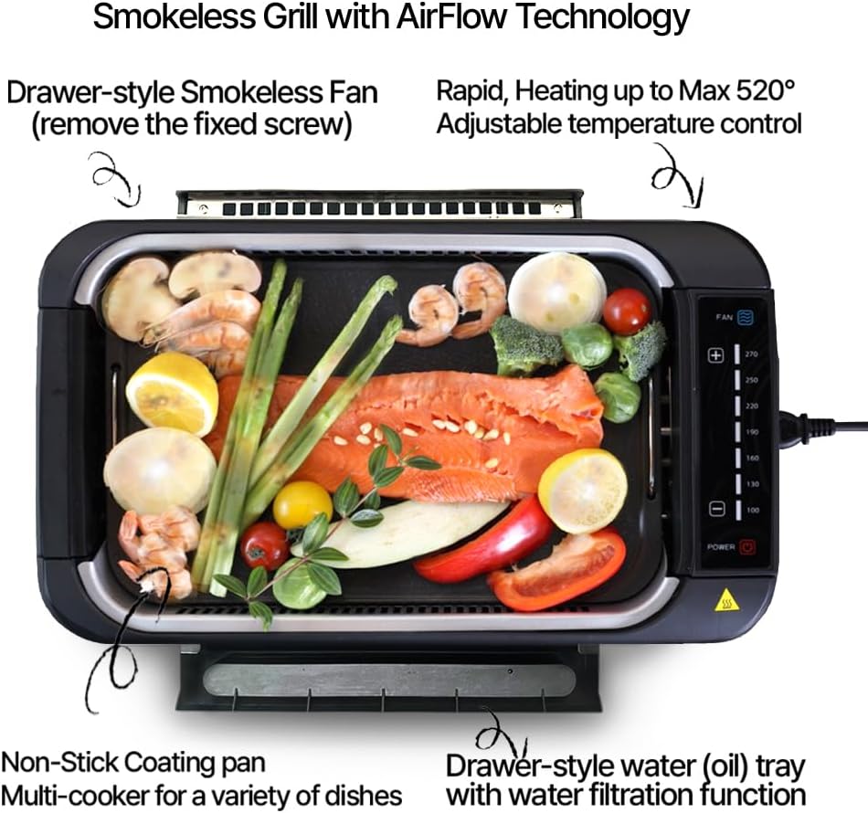 Smokeless Electric Indoor Grill with 3 in 1, Nonstick Grill/Griddle Plates, hot pot, Glass Lid, Portable Korean BBQ Grill with 7-Level Control, black