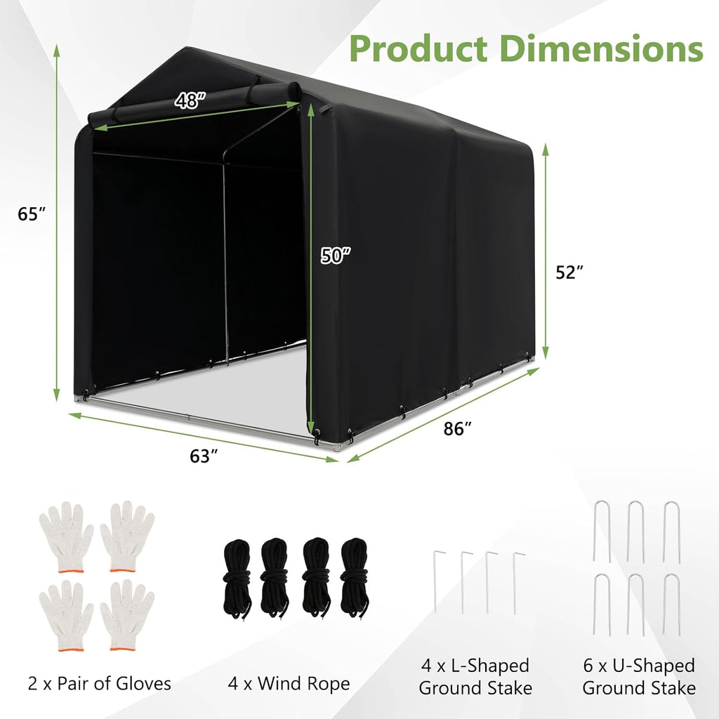 Goplus Portable Storage Shed, 7 x 5.2 x 5.4 Ft Heavy Duty Motorcycle Shed w/Roll-Up Zipper Door, Metal Frame, Waterproof Cover & Wind Rope, Outdoor Storage Tent Shelter for Bike, Garden Tools