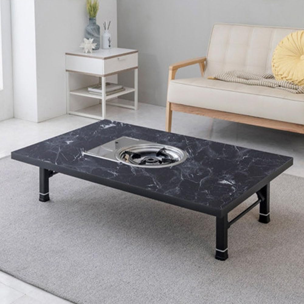 Korean BBQ Grill Table, Low Floor Folding Dining Table with Built-in Gas Stove, Portable Tatami Style for Indoor Cooking, Made in Korea (Bianco Black)