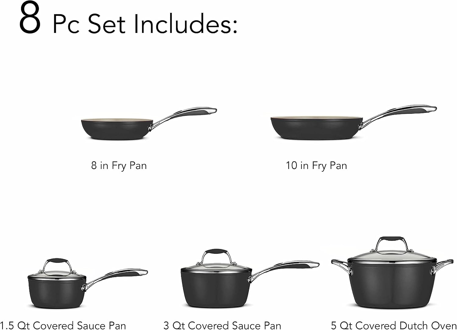 Tramontina Ceramica Deluxe 8-Piece Cookware Set with Lids, Ceramic Non Stick Pots and Pans Kitchen Set, Oven-Safe, Metallic Black