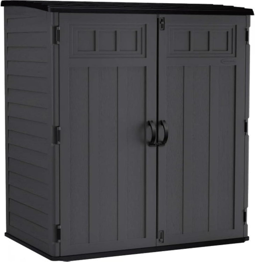Suncast 106 Cubic Foot Extra Large Vertical Shed Outdoor Waterproof Resin Storage Cabinet with Doors for Patio, Garage, Garden, and Tools, Peppercorn