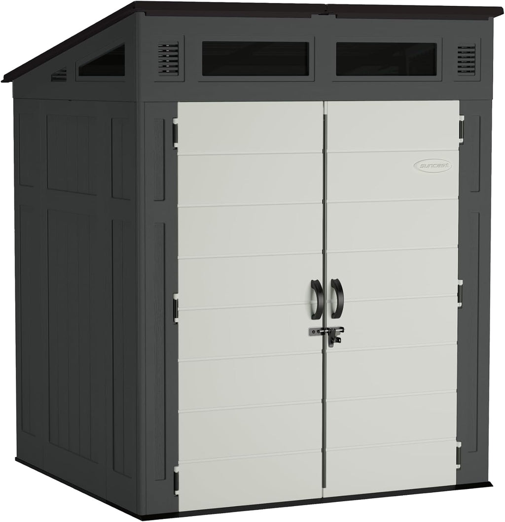 Suncast 6x5 Ft. Modernist Garden Shed, 200 Cu Ft Peppercorn Resin Shed with Floor, Lockable Doors, & Windows. Weatherproof Modern Resin Sheds & Outdoor Storage for Tools, Bikes, Lawn Mowers, & More