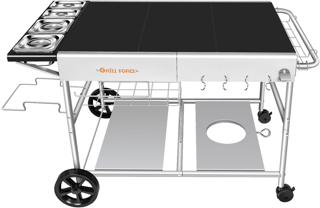 Pizza Oven Table with Topping Station, Outdoor Pizza Oven Cart, Grill Table for Outside, Grill Cart, Food Prep Work cart Fits for Ninja Woodfire Grill, Blackstone Griddle,Tabletop Grill