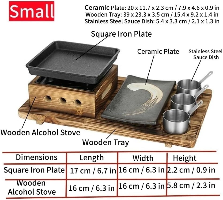 Compact Tabletop BBQ Grill Set with Wooden Stand, Portable Alcohol Barbecue Stove for Indoor Cooking, Outdoor Picnics, Camping, Small Parties(Small)