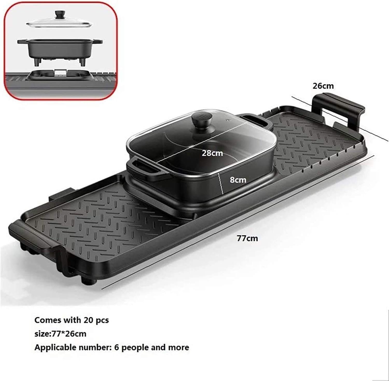 Electric Hot Pot Indoor Korean BBQ Grill Teppanyaki Two-in-one Pot with Non-Stick Pan,Separate Dual Temperature Control, 2-12 People Garthing, 220V black 77 * 26CM,Household ( Color : B , Size : 77*26
