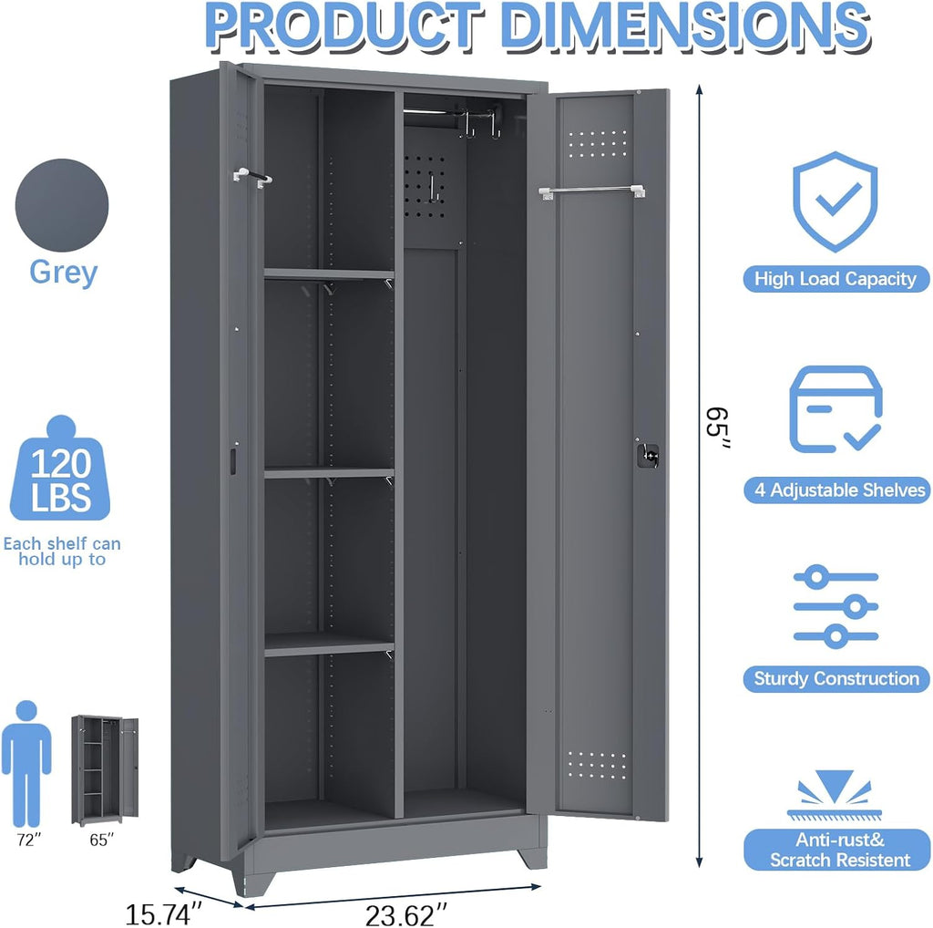 IRONFFICE Tall Storage Cabinet with Doors,Metal Garage Cabinet and Storage,Lockable Utility Closet Cabinets with Pegboard for Basement,Laundry Room,Grey