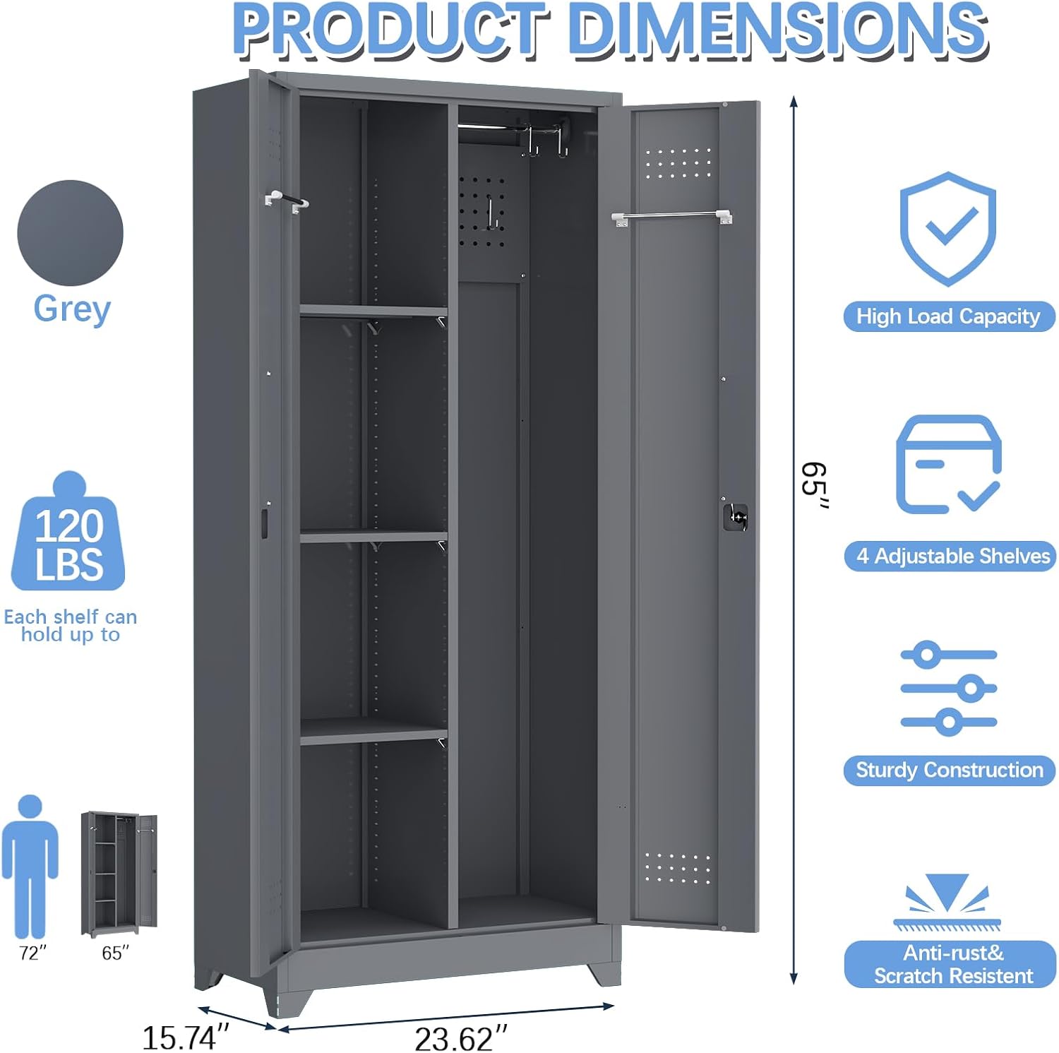 IRONFFICE Tall Storage Cabinet with Doors,Metal Garage Cabinet and Storage,Lockable Utility Closet Cabinets with Pegboard for Basement,Laundry Room,Grey