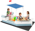 HONEY JOY Pirate Ship Kids Sandbox, Wooden Sand Box w/Storage Bench, Seat, Ground Liner, Sandpit Boat w/Rudder, Buoy, Realistic Flag, Children Outdoor Furniture for Backyard, Lawn, Garden