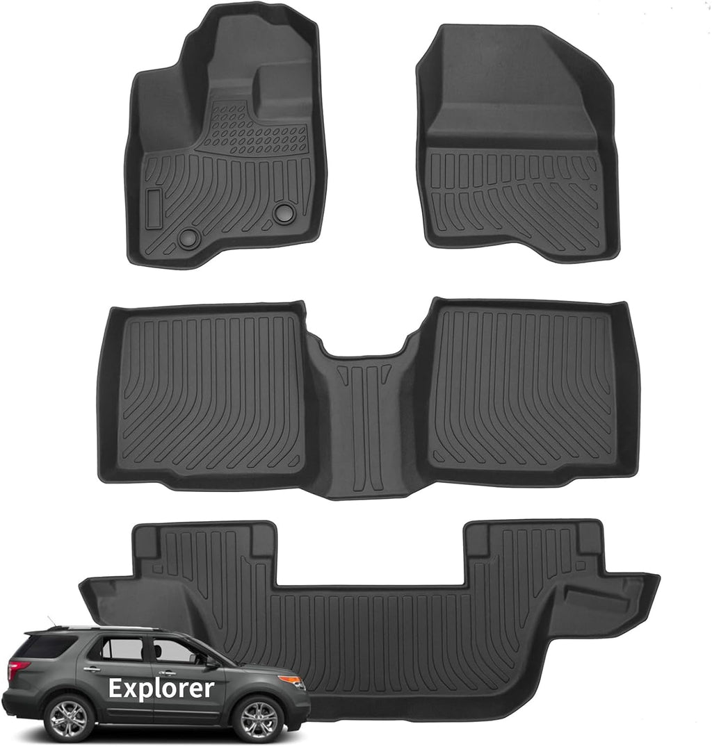 Wayhigh® Floor Mats Fit for 2011-2014 Ford Explorer 7 Seats All Weather TPE Car Mats Waterproof Heavy Duty Floor Liners for Explorer Accessories Custom Fit Black Liners