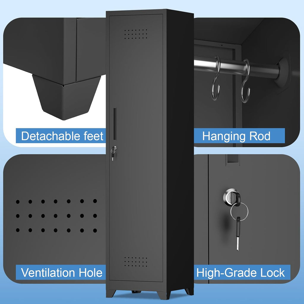 IRONFFICE Metal Utility Closet with Hanging Rod,Narrow Broom Closet with Door,Slim Laundry Storage Cabinet for Bathroo,Gym,Living Room,Black