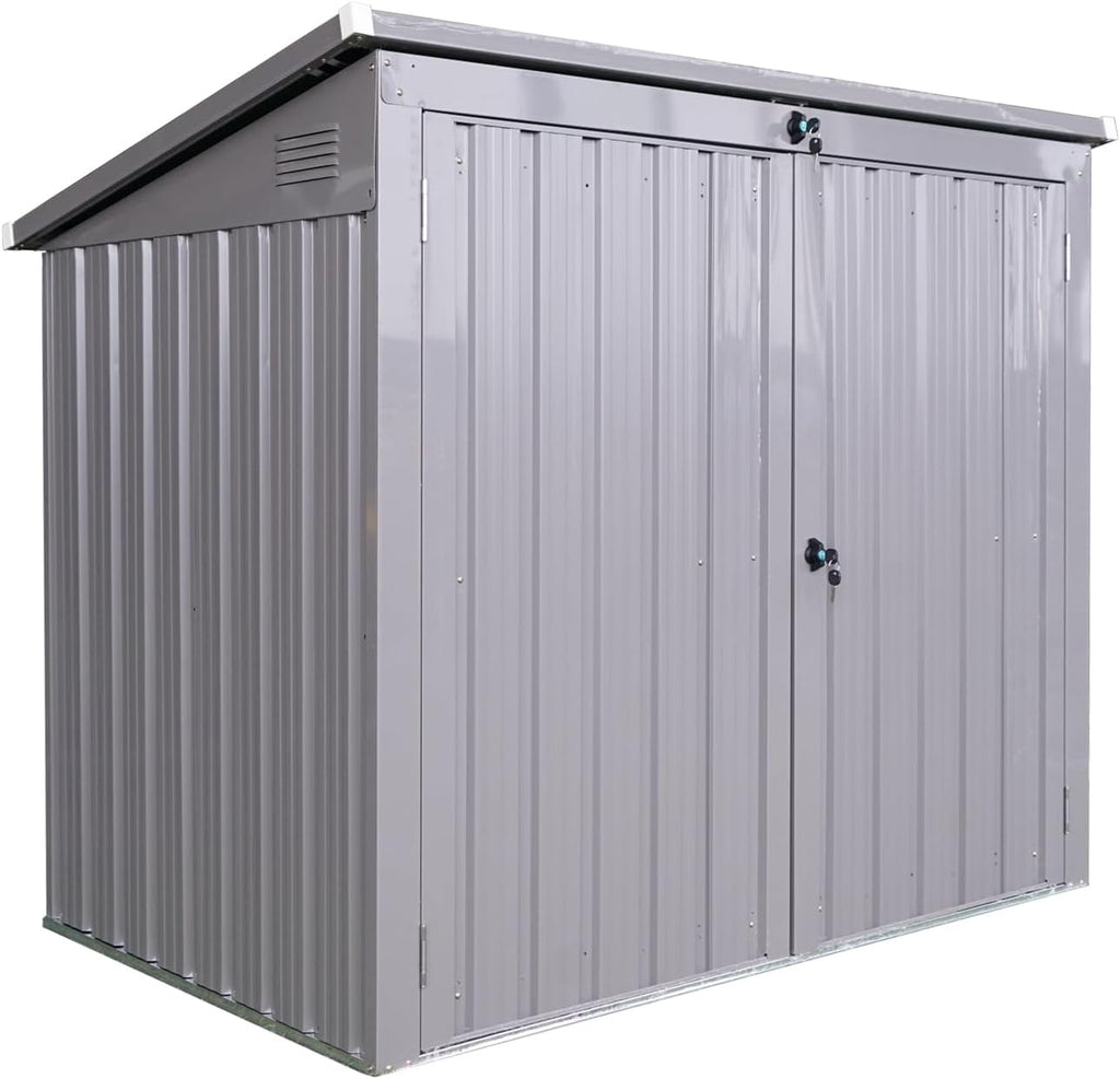 76 Cu.Ft Outdoor Trash Can Storage Shed, Metal Trash Can Storage Bin with Spring Chain Lid for Garbage Storage, Waterproof Storage Shed Stores for 2 Trash Cans, Garden Tools, Gray