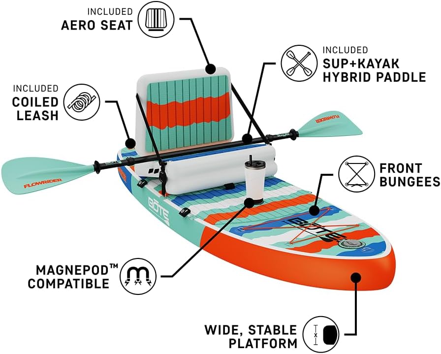 BOTE 8' FT Flow Rider Aero Inflatable Stand Up Paddle Board Hybrid Kayak Kit Includes Adjustable Aero SUP seat Adaptable Kayak iSUP Packable Paddle iSUP Travel Bag Blow Up Pump