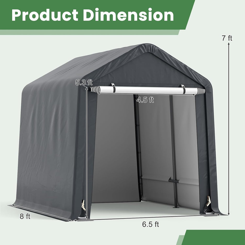 Tangkula 8x6.5Ft Portable Shed, Outdoor Storage Shelter with Waterproof Cover & Roll-up Zipper Door, Ratchet Strap, Heavy Duty Portable Storage Tents for Outside, Bikes, Garden Tools, Motorcycles