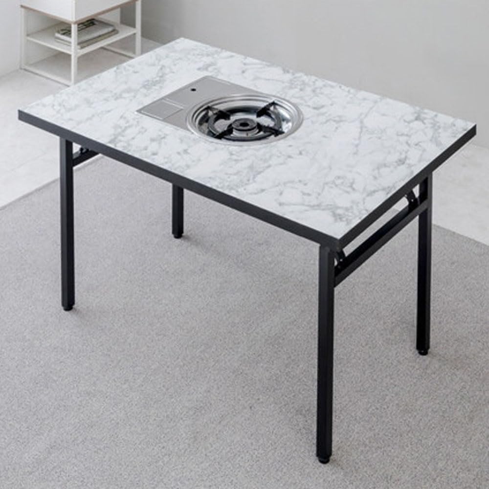 Korean BBQ Grill Table with Built-in Gas Burner, Folding Indoor Outdoor Dining Table, Marble Top for Camping & Kitchen, Made in Korea - Bianco White, L Size