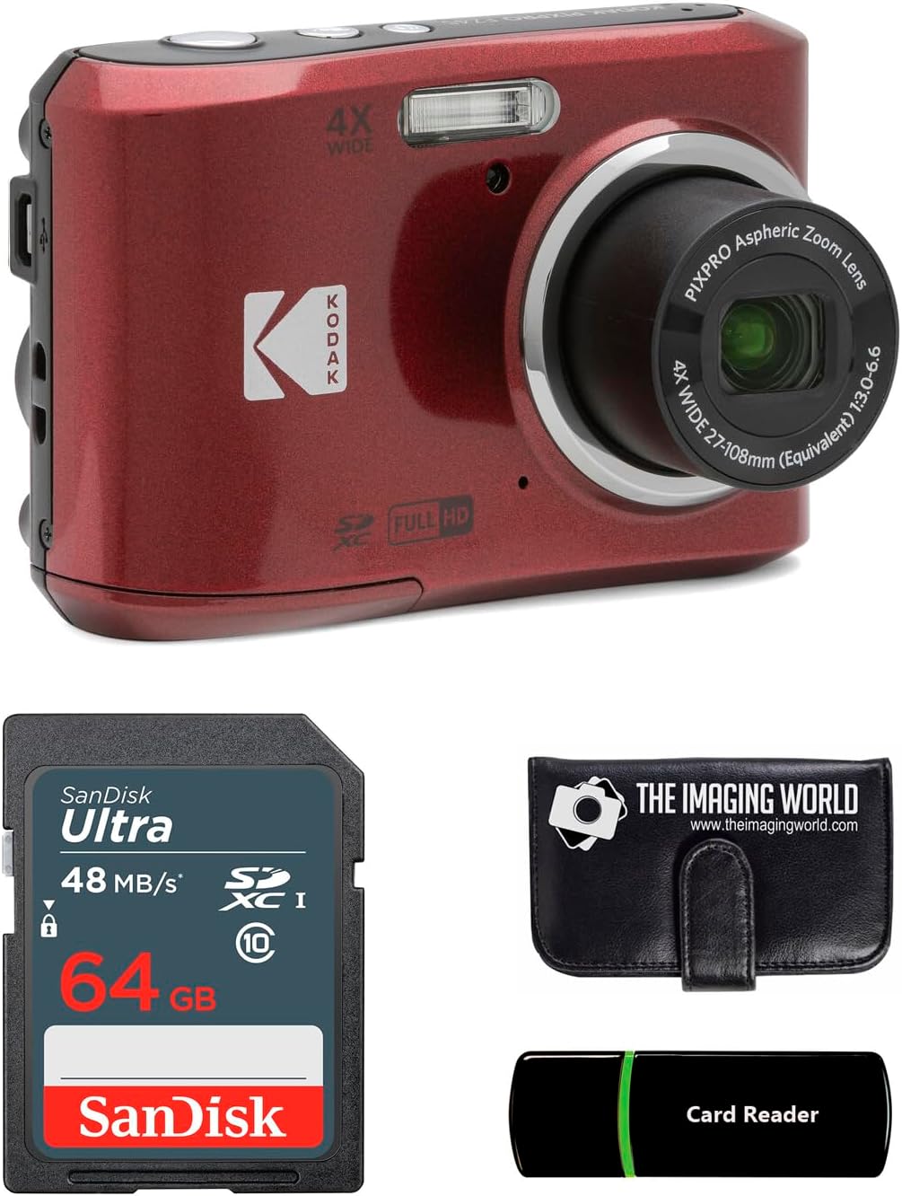 Kodak PIXPRO FZ45 16MP Digital Camera 4X Optical Zoom 27mm Wide Angle 1080P Full HD Video 2.7' LCD Camera (Red) + 64GB Card and Reader + Memory Wallet Bundle