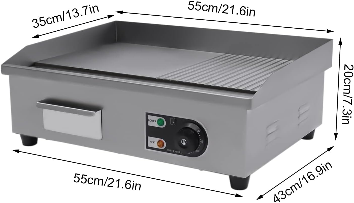 22' Commercial Electric Griddle Countertop Flat Top Griddle Stainless Steel Hibachi Teppanyaki Grill BBQ Plate 122-572℉ Adjustable Temp Control for Restaurant Kitchen,110V (1600W-1)