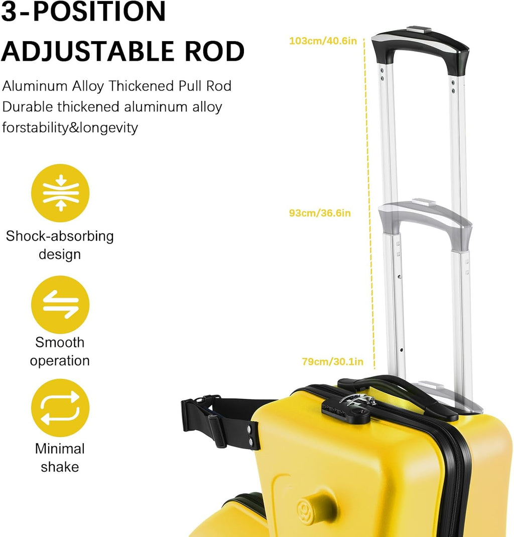 22 Inch Kid Ride Suitcase, Kid Travel Trolley With Safety Belt, Kids Luggage Seat Ride With Lock, Luggage For Kids Airplane Travel,Suitcase To Aged 1-6 Years Old, ABS+PC (Yellow)