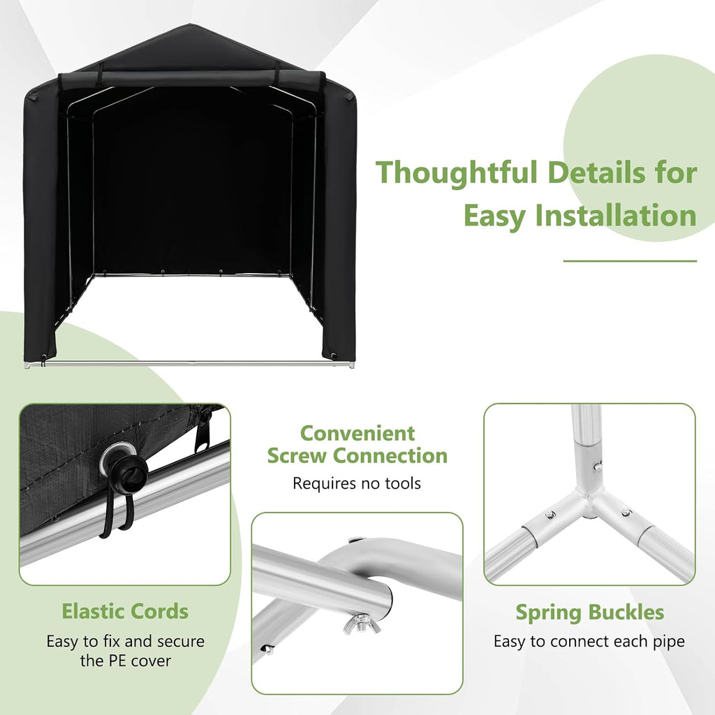 Goplus Portable Storage Shed, 7 x 5.2 x 5.4 Ft Heavy Duty Motorcycle Shed w/Roll-Up Zipper Door, Metal Frame, Waterproof Cover & Wind Rope, Outdoor Storage Tent Shelter for Bike, Garden Tools