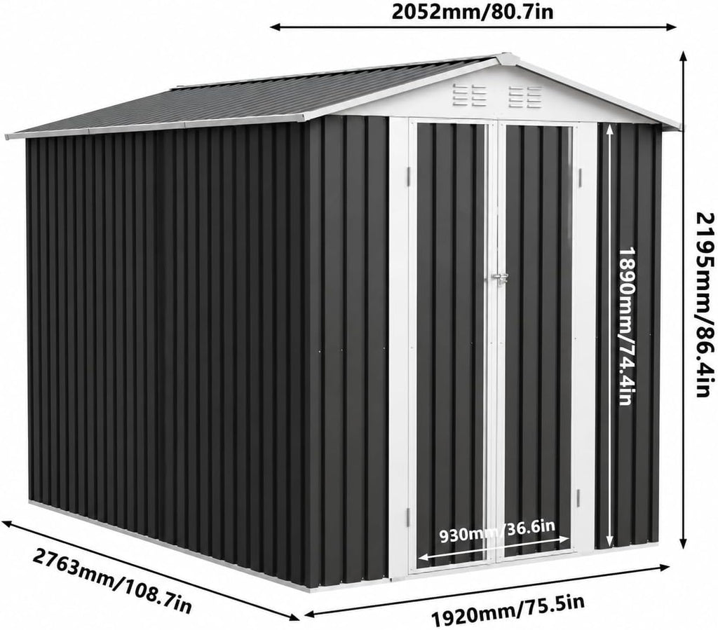 6x9FT Metal Storage Shed, Garden Tool Shed with Lockable Double Door & Sloping Roof, Outdoor Backyard Storage（Grey）