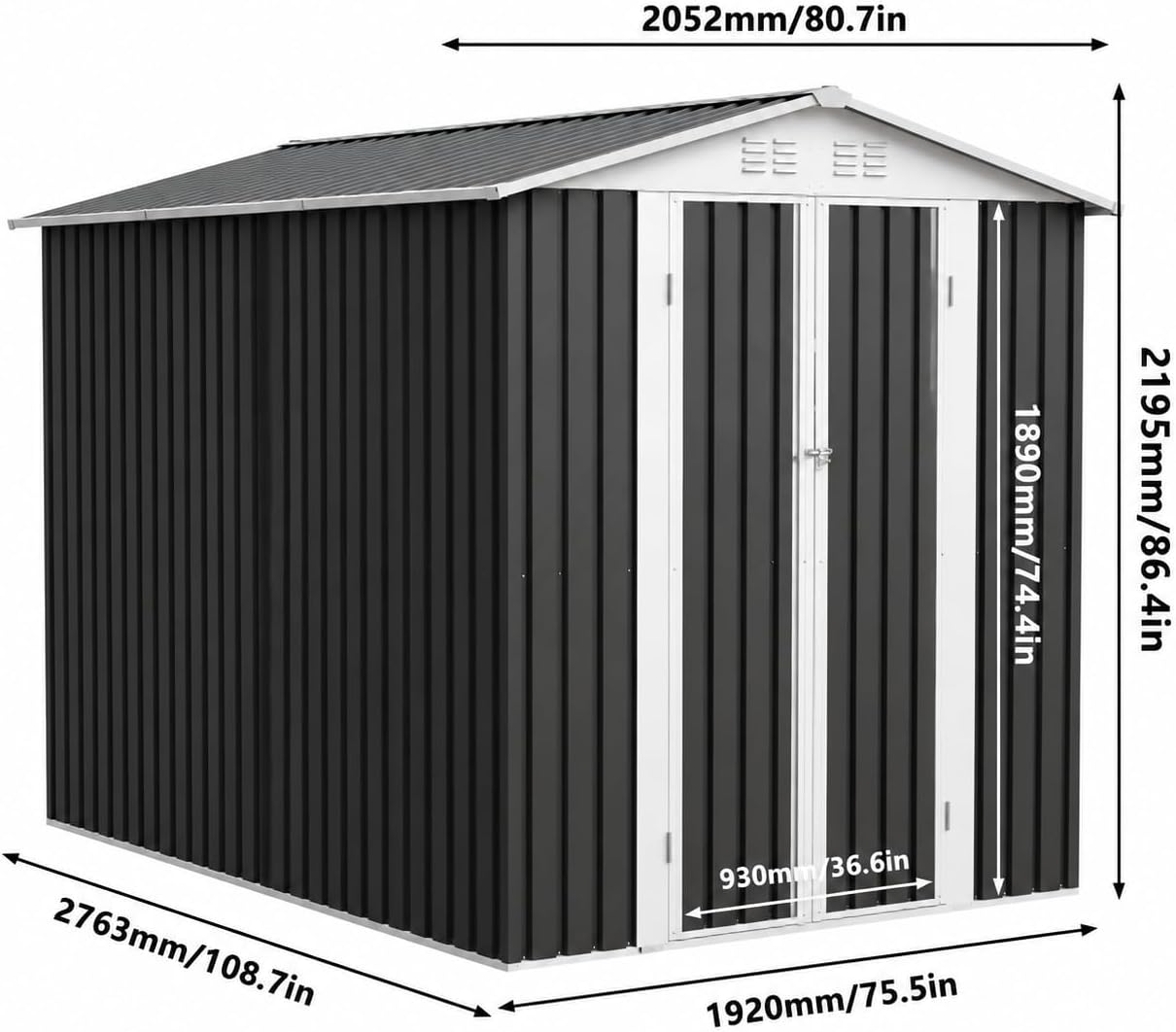 6x9FT Metal Storage Shed, Garden Tool Shed with Lockable Double Door & Sloping Roof, Outdoor Backyard Storage（Grey）