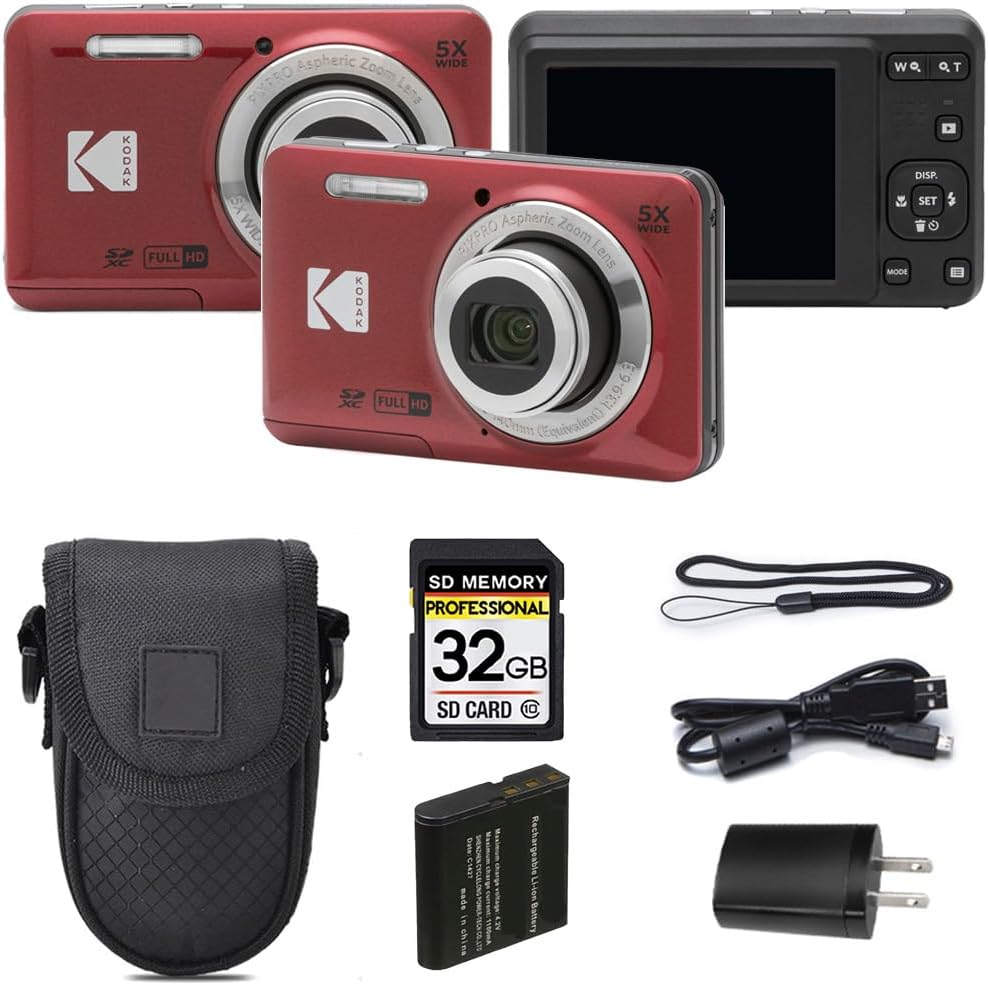 Kodak PIXPRO FZ55 Digital Camera, 16MP Compact Point & Shoot, 5X Optical Zoom, 28mm Wide Angle Lens, 1080P Full HD Video, Red + Camera Case & 32GB SD Card