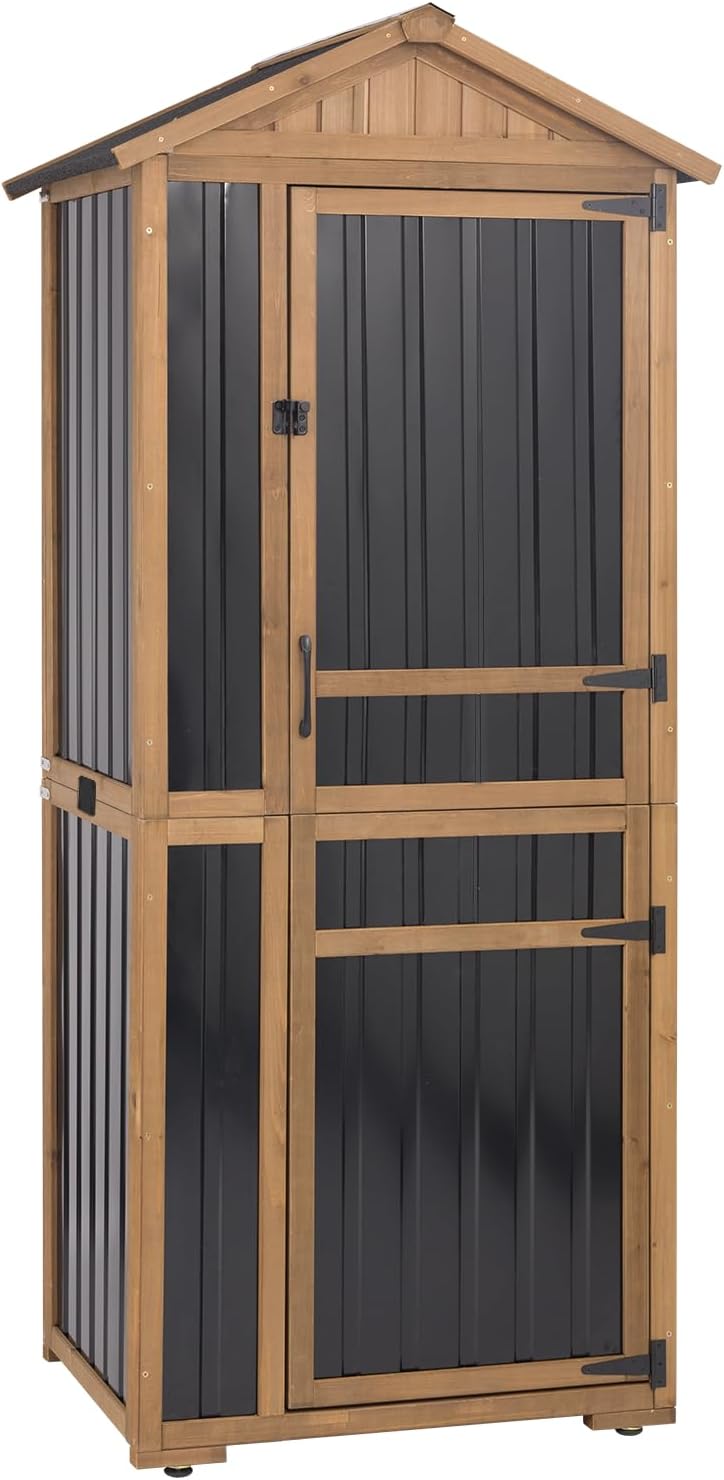 4-Tier Metal & Wood Outdoor Storage Cabinet with Reinforced Frame, Weatherproof Asphalt Roof, Adjustable Shelves, Lockable Doors for Patio, Garden, Garage Organization