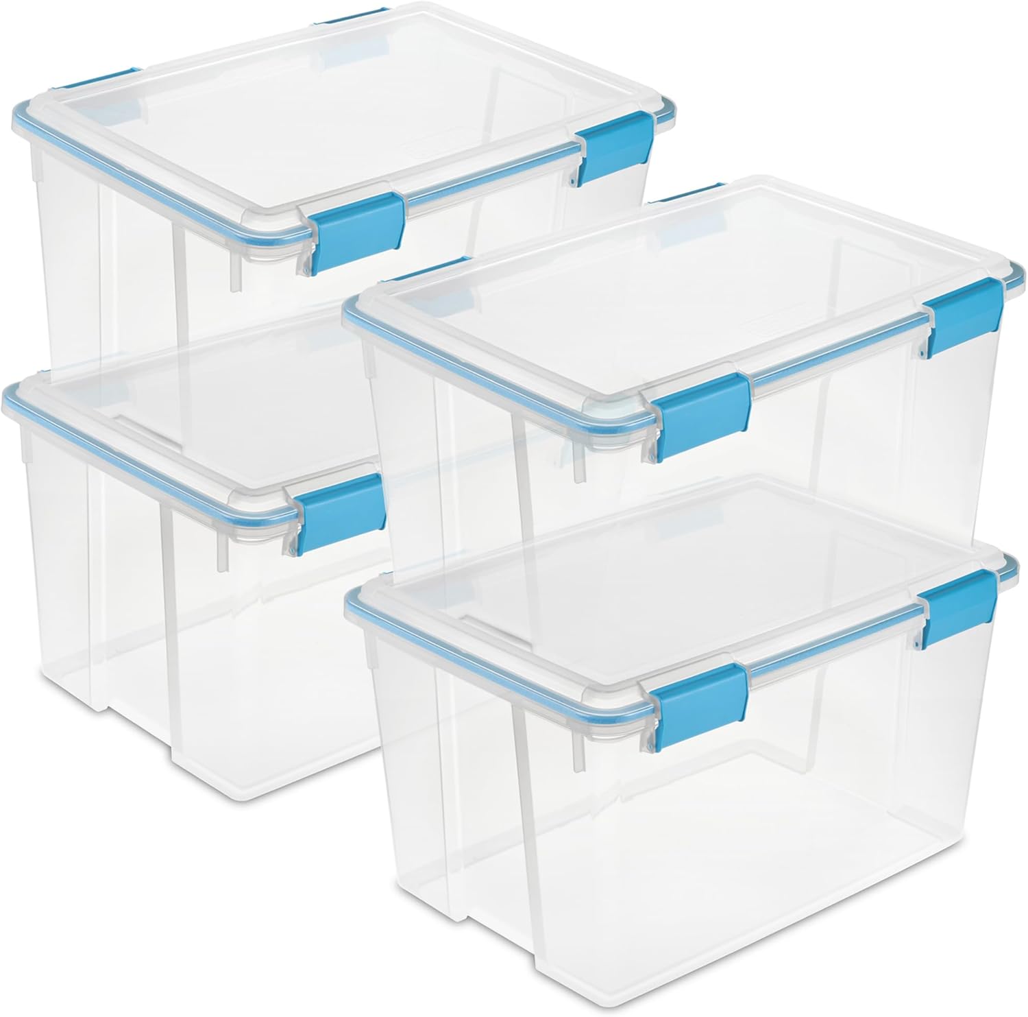 Sterilite 4-Pack 54 Quart Gasket Box, Home Storage Organizer Bins with Lids - Stackable Clear Plastic Containers for Bedroom, Bathroom, Garage, Basement, or Attic